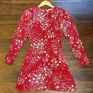 Reformation Romee Dress 4 Bryce Red White Floral Long Puff Shoulder Sleeve Mini